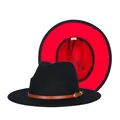 Classic black and red bicolor wool fedora hat with brown leather band and wide brim - 57cm / Black and Red