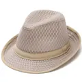 Light khaki mesh fedora hat for summer sun protection with breathable hollow design - 58cm / Beige
