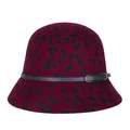Deep red leopard print wool cloche hat with black decorative leather band and buckle - Red Leopard