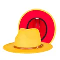 Two-tone wool fedora hat in vibrant yellow and red with a brown belted leather strap - 57cm / Yellow and Red