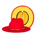 Classic two-tone red and yellow fedora hat with brown leather belt buckle for women - 57cm / Red and Yellow