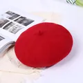 Classic red wool beret for women with a minimalist top stem, perfect for autumn and winter - M (56-58cm) / Red
