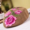 Khaki woven beret hat featuring intricate pink floral embroidery in vintage style - Rose Embroidery / Khaki