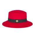 Red wool felt flat top hat featuring a black ribbon band and gold metal badge detail - 57cm / Red