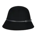 Elegant black wool cloche hat for women featuring a thin leather band with metal buckle - Black