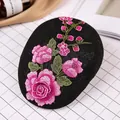 Black woven beret for women with elegant pink floral embroidery in vintage style - Rose Embroidery / Black