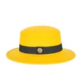 Flat top yellow wool boater hat with black ribbon and gold crest buckle detail - 57cm / Yellow