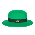 Flat top bright green wool felt boater hat with black ribbon and gold metal crest - 57cm / Green