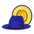 Navy blue and yellow two-tone wool fedora hat with black leather band for men and women - 57cm / Blue and Yellow
