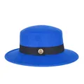 Blue wool felt boater hat with a black grosgrain ribbon and golden metal badge - 57cm / Blue