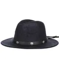 Navy blue wool fedora hat with black leather strap and engraved metal rivets decoration - 57cm / Mixed Cyan E