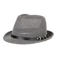 Chapeau fedora en paille tressée grise avec bande en cuir noir et boucle dorée - 57cm / Style Bande en Cuir PU / Gris