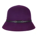 Elegant deep purple pure wool felt cloche hat with thin black leather strap and buckle - Purple