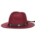 Classic burgundy wool fedora hat with black leather band and silver metal buckles - 57cm / Mixed Wine Red F