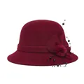 Elegante cappello a cloche rosso vino con fiocco di lana, pompon e perline - M(56-58cm) / Rosso misto