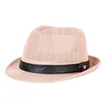 Light pink woven jazz straw hat with black leather band and metal buckle accent - 57cm / Pink PU
