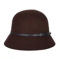 Dark brown wool cloche hat for women with black leather strap and silver metal buckle - Brown