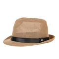 Classic light khaki woven straw fedora hat with a black leather band and metal badge detail - 57cm / Brown PU Leather