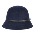 Navy blue wool felt cloche hat for women featuring a black leather band and metal buckle - Mixed Teal