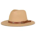 Classic camel wide brim fedora hat with brown leather band and metal buckle detail - 57cm / Camel
