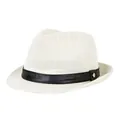 White woven fedora jazz hat with black faux leather band and silver metal buckle - 57cm / Cream (PU Band)