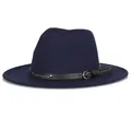 Classic navy blue wide brim fedora hat with black leather belt and silver metal rivets - 57cm / Navy Blue
