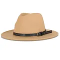 Classic khaki wide-brim fedora hat with black leather band and metallic buckle accents - M(56-58cm) / Khaki 2