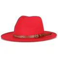 Klassischer roter Wollfilz-Fedora-Hut für Damen und Herren mit braunem Lederband - M(56-58cm) / Rot