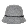 Women's grey wool felt bucket hat with black leather strap and metal buckle detail - Mixed Grey