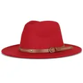 Klassischer roter Fedora-Hut mit breiter Krempe und braunem Kunstlederband mit Schnalle - M(56-58cm) / Burgunderrot
