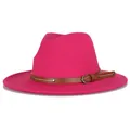 Vibrant rose red wide brim fedora hat with brown belted leather buckle detail - M(56-58cm) / Rose Red