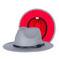 Two-tone wool fedora hat in grey and red with black leather decorative band - 57cm / Grey and Red