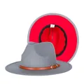 Two-tone wool fedora hat in dark grey and red with brown leather belt and buckle - 57cm / Grey and Red