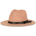 Classic camel wide brim fedora hat with black leather belt and silver metal buckle - 57cm / Golden Camel