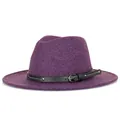 Classic purple wool fedora hat with a black leather belted buckle trim and flat brim - 57cm / Purple