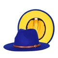 Royal blue wool fedora with yellow lining and brown leather buckle belt - 57cm / Blue and Yellow