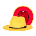 Two-tone yellow and red wide brim fedora hat with black leather buckle band - 57cm / Yellow and Red