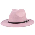 Pink wool fedora hat with wide brim and vintage metal buckle on black leather strap - M (56-58cm) / Rose Gold