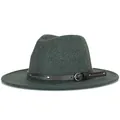 Deep green wool felt fedora hat with black buckled leather band and classic wide brim - 57cm / Green