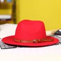 Classic red wide brim fedora hat with a brown leather strap and decorative silver buckle - 57cm / Red