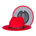 Classic red wool-feel fedora hat with black belt buckle and interior lining detail - 57cm / Red and Grey