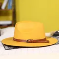 Bright yellow wide brim wool fedora hat with a decorative brown leather buckle belt - 57cm / Yellow
