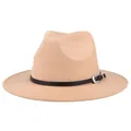 Khaki wool fedora hat featuring a black leather band and silver western engraved buckle - M (56-58cm) / Camel