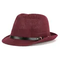 Unisex burgundy straw jazz hat with black leather band and golden metal buckle - 57cm / PU Leather Band Style / Burgundy