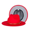Red wool fedora hat with wide brim, brown leather belt buckle and grey inner lining - 57cm / Red and Grey