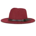 Burgundy wool fedora hat with wide brim and black studded leather buckle band - 57cm / Burgundy