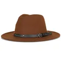 Classic dark brown wide-brimmed felt Fedora hat with studded black leather belt strap - M(56-58cm) / Brown 2