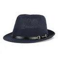 Navy blue woven straw fedora hat featuring a black leather band and gold buckle detail - 57cm / PU Leather Band Style / Navy Blue