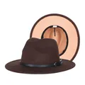 Two-tone wool fedora hat in dark brown and beige with a black faux leather buckle strap - 57cm / Brown and Khaki