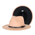Camel fedora hat with black belt buckle and interior tag showing size and material - 57cm / Khaki and Black